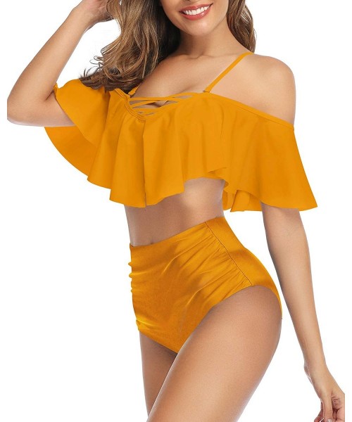 Sets Women Ruffled Off Shoulder Flounce Falbala Top Tiered Ruched Swimsuit High Waist Bikini Set - Yellow - CF18WTZNTUZ