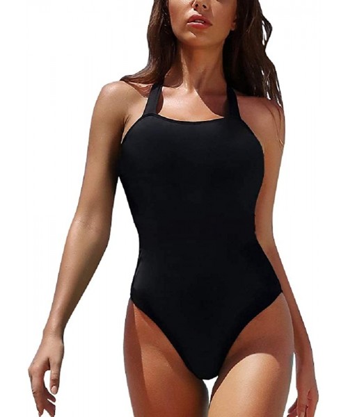 One-Pieces Womens One Piece Swimsuits Lace Up Cutout High Waisted Tummy Control Bathing Suits - Black - CZ1947CO0HZ