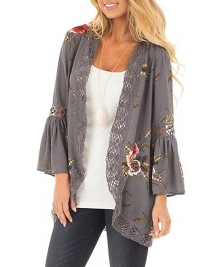 Cover-Ups Women's S 3XL Floral Print Kimono Tops Cover Up Cardigans - Grey - CL18CHXKWDI