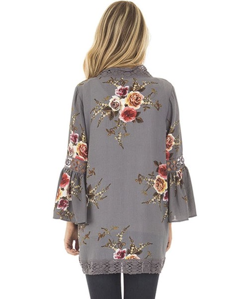 Cover-Ups Women's S 3XL Floral Print Kimono Tops Cover Up Cardigans - Grey - CL18CHXKWDI