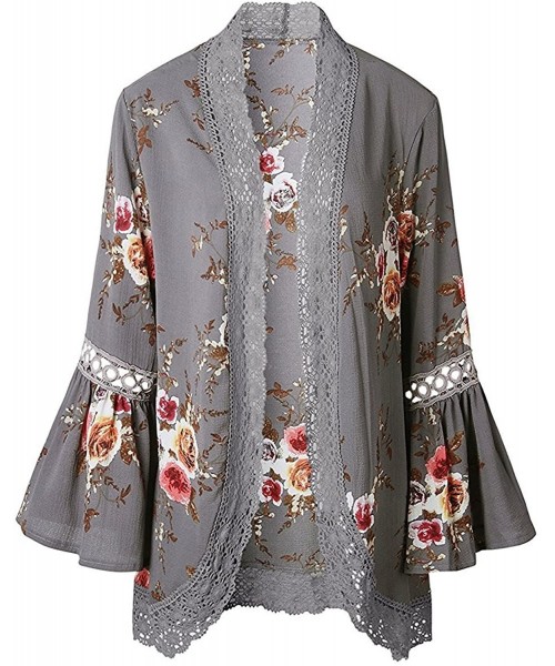 Cover-Ups Women's S 3XL Floral Print Kimono Tops Cover Up Cardigans - Grey - CL18CHXKWDI