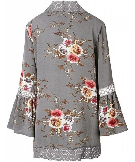 Cover-Ups Women's S 3XL Floral Print Kimono Tops Cover Up Cardigans - Grey - CL18CHXKWDI