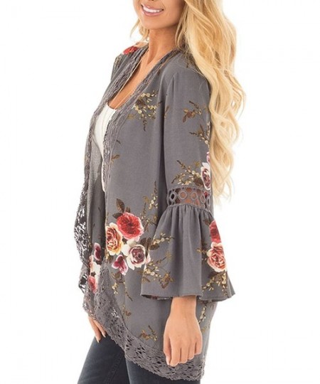 Cover-Ups Women's S 3XL Floral Print Kimono Tops Cover Up Cardigans - Grey - CL18CHXKWDI