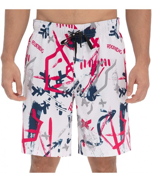 Trunks Men's Swim Trunks with Mesh Lining - Graffiti White - CZ194X995Y2