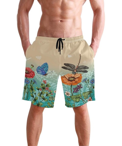 Board Shorts Beautiful Blue Butterflies Swim Trunks Summer Beach Shorts Pockets Boardshorts Men Mesh Lining - Dragonfly Flowe...