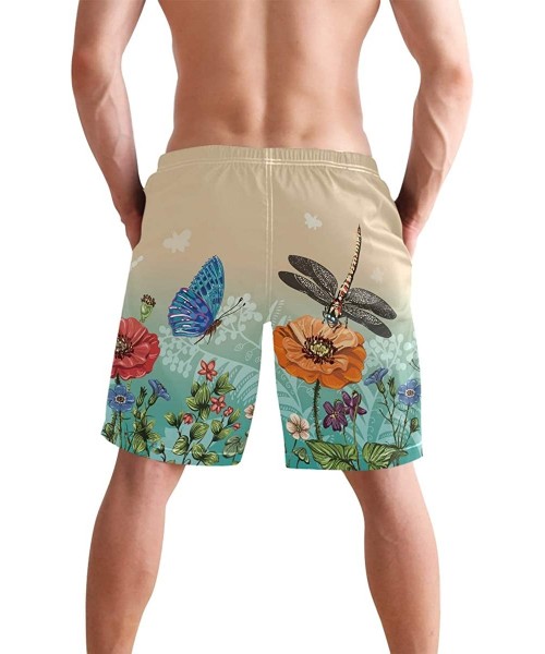 Board Shorts Beautiful Blue Butterflies Swim Trunks Summer Beach Shorts Pockets Boardshorts Men Mesh Lining - Dragonfly Flowe...