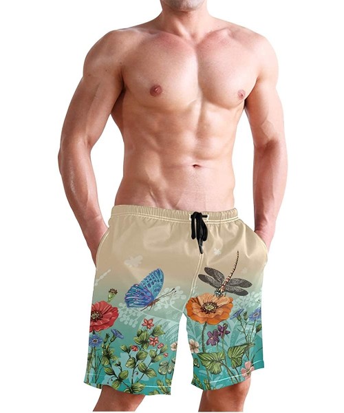 Board Shorts Beautiful Blue Butterflies Swim Trunks Summer Beach Shorts Pockets Boardshorts Men Mesh Lining - Dragonfly Flowe...