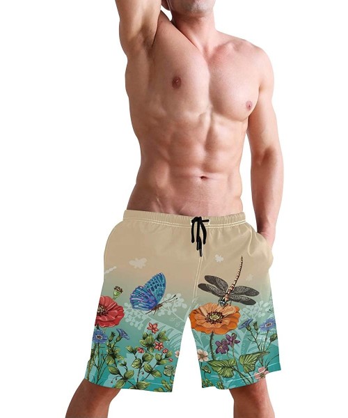 Board Shorts Beautiful Blue Butterflies Swim Trunks Summer Beach Shorts Pockets Boardshorts Men Mesh Lining - Dragonfly Flowe...