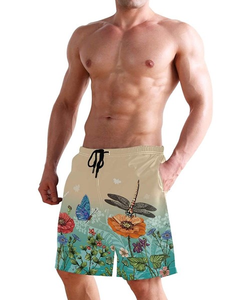 Board Shorts Beautiful Blue Butterflies Swim Trunks Summer Beach Shorts Pockets Boardshorts Men Mesh Lining - Dragonfly Flowe...