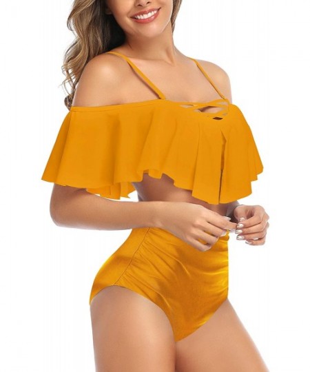 Sets Women Ruffled Off Shoulder Flounce Falbala Top Tiered Ruched Swimsuit High Waist Bikini Set - Yellow - CF18WTZNTUZ