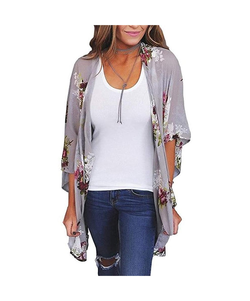 Cover-Ups Women's Plus Size Shawl Fashion Leopard Print Loose Kimono Cardigan Top Cover Up Blouse Beachwear - Gray - CB18USOI760