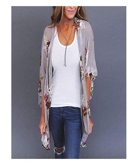 Cover-Ups Women's Plus Size Shawl Fashion Leopard Print Loose Kimono Cardigan Top Cover Up Blouse Beachwear - Gray - CB18USOI760