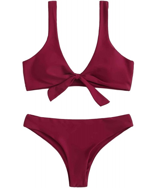 Sets Women's Sexy Bikini Swimsuit Tie Knot Front Swimwear Set - 0red - CC199OKTMNU