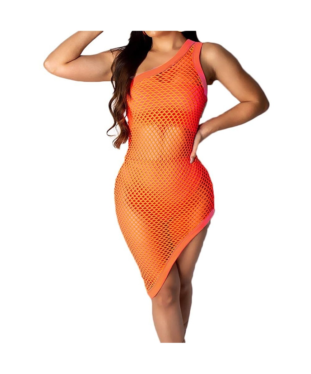 Cover-Ups Women's Crochet Hollow Out Beach Bikini Cover up Dress Swimsuit Swimwear Bathing Suit - Orange - CR18RYKG7KU