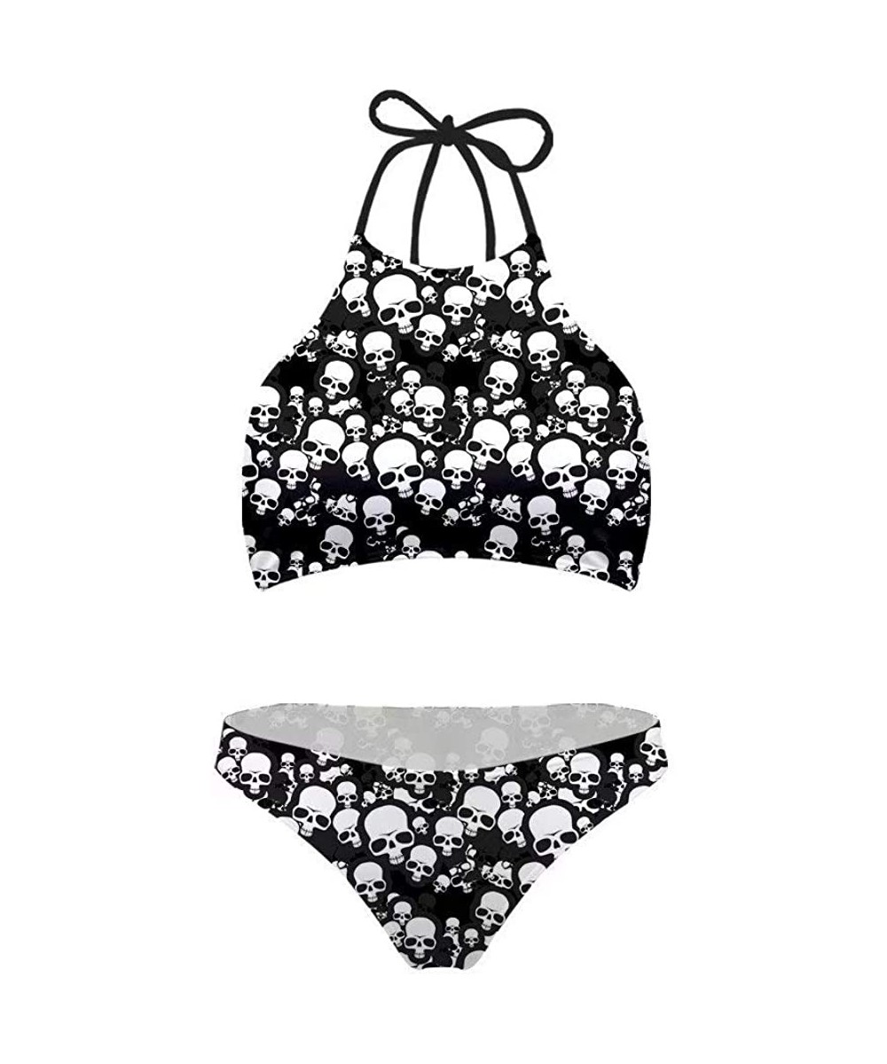 Sets Swimsuit for Women Halter Top Low Waisted Bottom Two Pieces Bikini - Black Bones - C718QAWXHE2