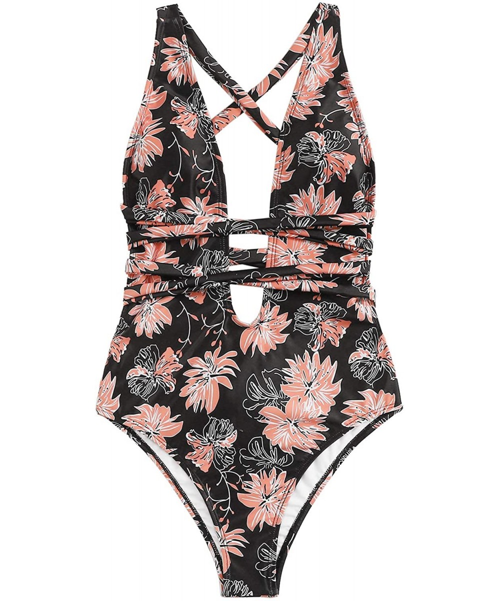 One-Pieces Women's Sexy Basic Criss Cross Tie Knot Front Deep V Open Back One Piece Swimwear - Zfloral - CS19209IG2T