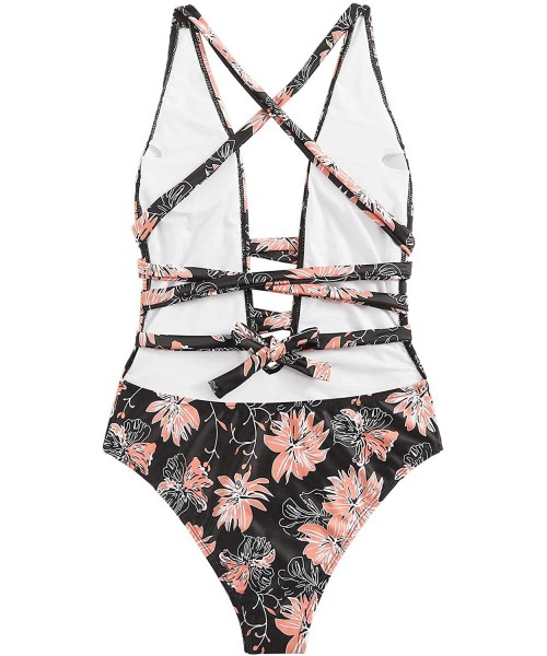 One-Pieces Women's Sexy Basic Criss Cross Tie Knot Front Deep V Open Back One Piece Swimwear - Zfloral - CS19209IG2T