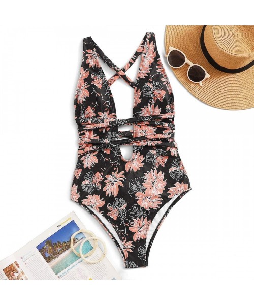 One-Pieces Women's Sexy Basic Criss Cross Tie Knot Front Deep V Open Back One Piece Swimwear - Zfloral - CS19209IG2T