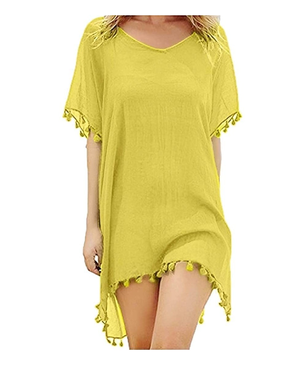 Cover-Ups Women Tassel Chiffon Top Kaftan Swimsuits Mini Beach Dress Cover Ups - Yellow - C919088HHK0