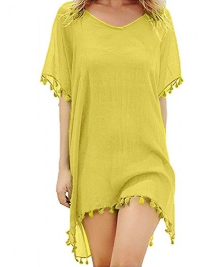 Cover-Ups Women Tassel Chiffon Top Kaftan Swimsuits Mini Beach Dress Cover Ups - Yellow - C919088HHK0