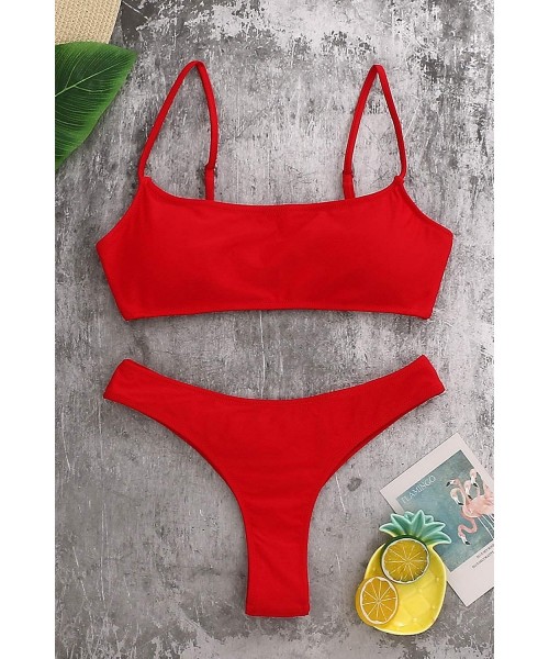 Racing Women Crop Top Bathing Suits High Cut Bandeau Swimsuit Cheeky Thong Bikini Set Sports Two Piece - Red Bikini Set - CH1...