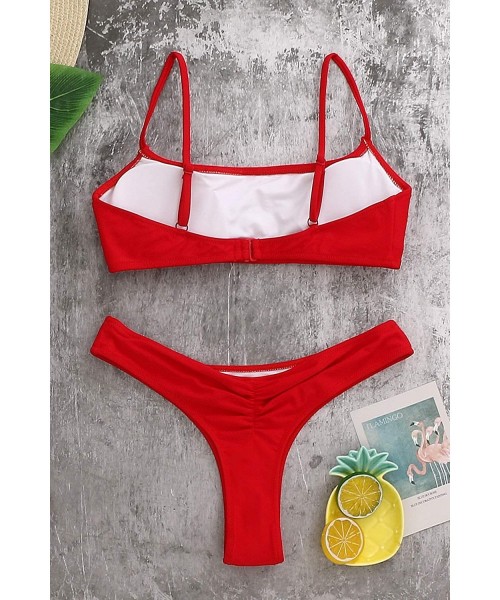 Racing Women Crop Top Bathing Suits High Cut Bandeau Swimsuit Cheeky Thong Bikini Set Sports Two Piece - Red Bikini Set - CH1...