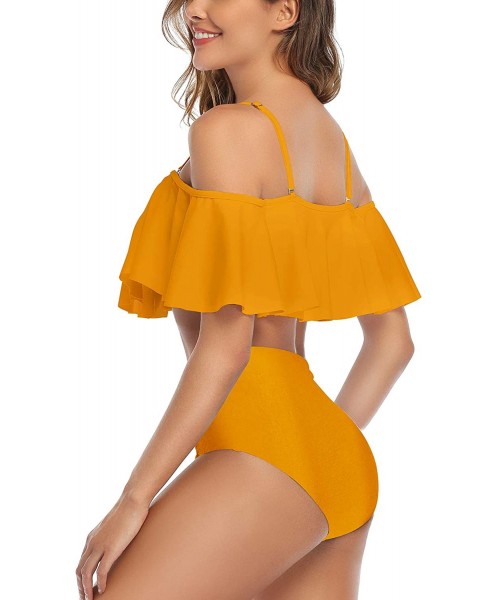 Sets Women Ruffled Off Shoulder Flounce Falbala Top Tiered Ruched Swimsuit High Waist Bikini Set - Yellow - CF18WTZNTUZ