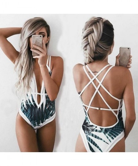 One-Pieces Women's One Piece Beach Swimsuit Leaf Print Swimwear Bathing Monokini Push Up Padded Bikini - White - C5196OR394T