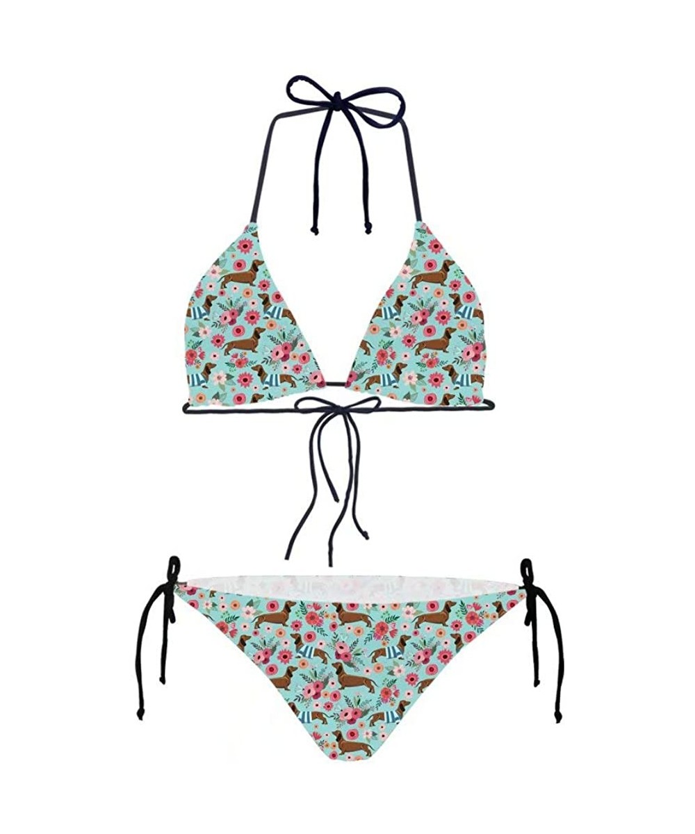 Sets Triangle Halter Bikini Set Women Girls Sexy Sloth Flower Backless Swimsuit Plus Size - Dachshund Flower - C818Q5EQEKL