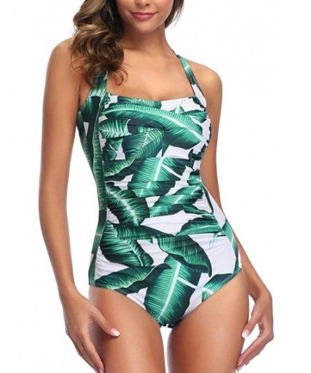 One-Pieces Women One Piece Swimsuit Off Shoulder Pleaed Padded Halter Bathing Suit High Cut Monokini Swimwear - Green - CK196...