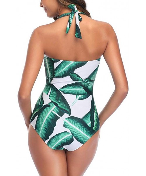 One-Pieces Women One Piece Swimsuit Off Shoulder Pleaed Padded Halter Bathing Suit High Cut Monokini Swimwear - Green - CK196...