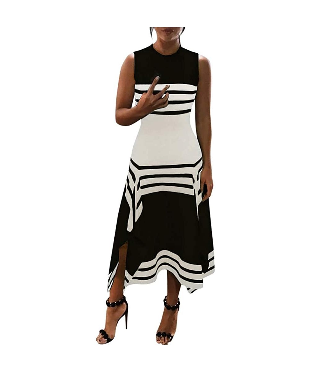 Rash Guards Women Stripe Print Sleeveless Casual Tight Waist Round Neck Party Club Midi Dresses Vestido - Black - CZ18QU03ZCC