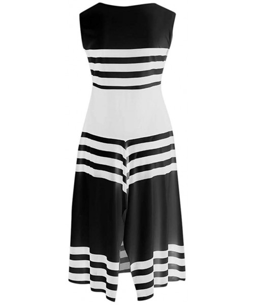 Rash Guards Women Stripe Print Sleeveless Casual Tight Waist Round Neck Party Club Midi Dresses Vestido - Black - CZ18QU03ZCC