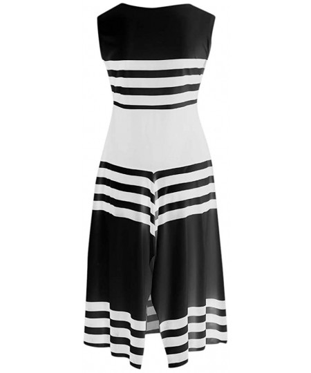 Rash Guards Women Stripe Print Sleeveless Casual Tight Waist Round Neck Party Club Midi Dresses Vestido - Black - CZ18QU03ZCC