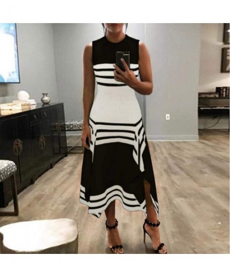 Rash Guards Women Stripe Print Sleeveless Casual Tight Waist Round Neck Party Club Midi Dresses Vestido - Black - CZ18QU03ZCC