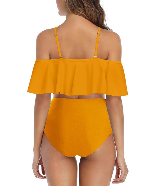 Sets Women Ruffled Off Shoulder Flounce Falbala Top Tiered Ruched Swimsuit High Waist Bikini Set - Yellow - CF18WTZNTUZ