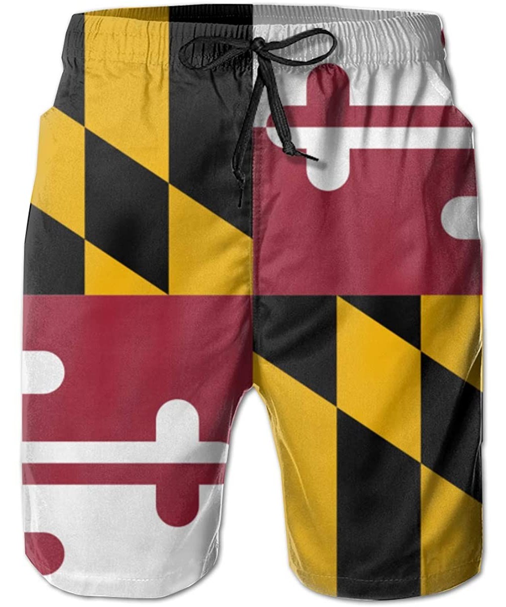 Racing Flag of Maryland Men's Swim Trunks Fashion 3D Printed Beach Pants Breathable Light with Pocket Shorts - White - C218XM...