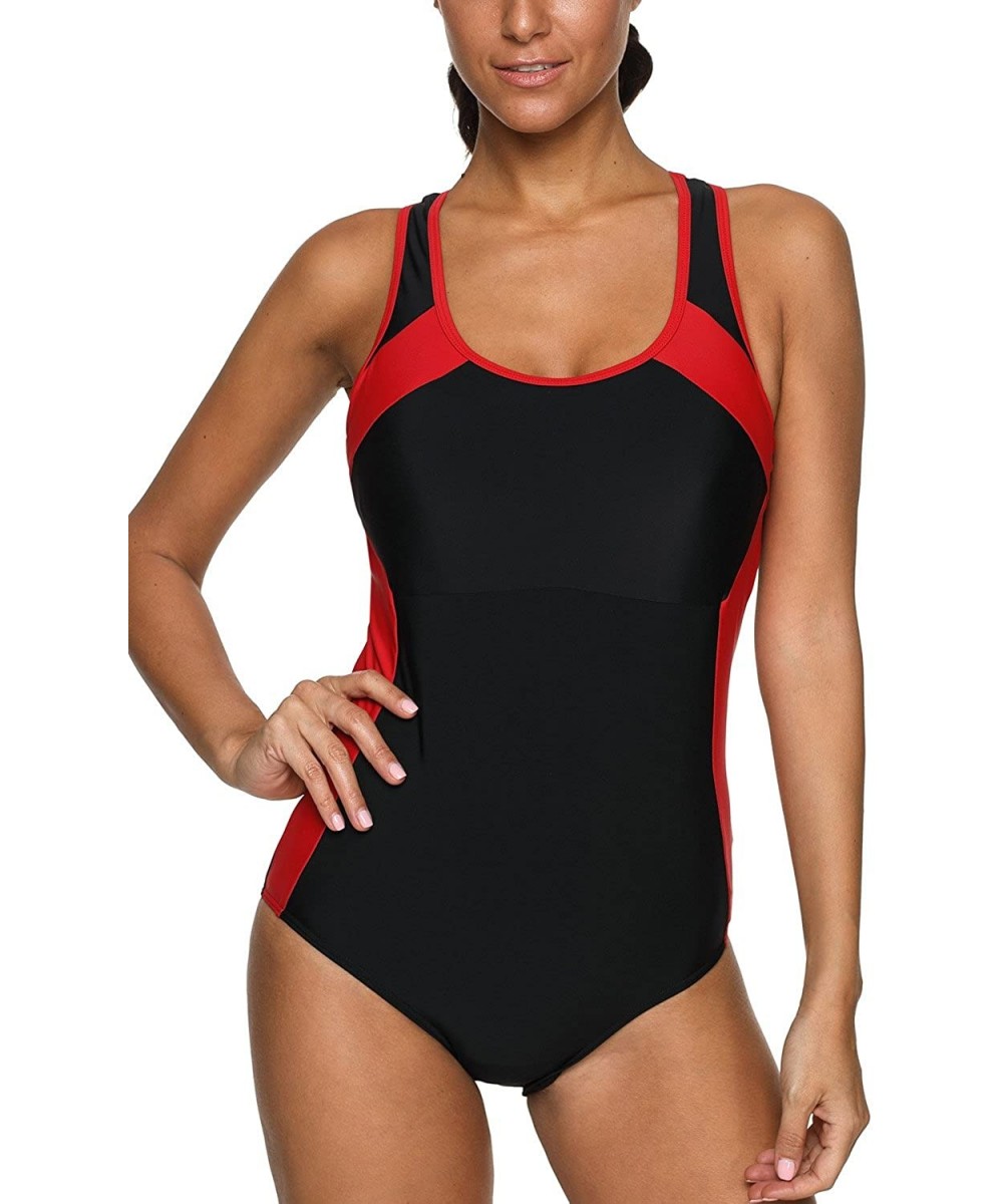 One-Pieces Women's Pro One Piece Swimsuit Racerback Athletic Bathing Suit Swimwear - Black Red2 - C018RNSWDYE