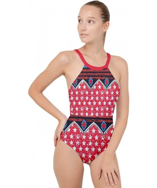 One-Pieces Womens USA Stars and Stripes American Flag Patriotic Pattern High Neck One Piece Swimsuit - Aztec Red - C318TUMCM0M