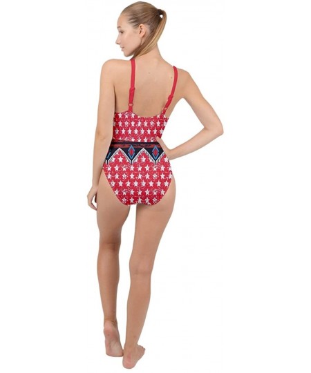 One-Pieces Womens USA Stars and Stripes American Flag Patriotic Pattern High Neck One Piece Swimsuit - Aztec Red - C318TUMCM0M