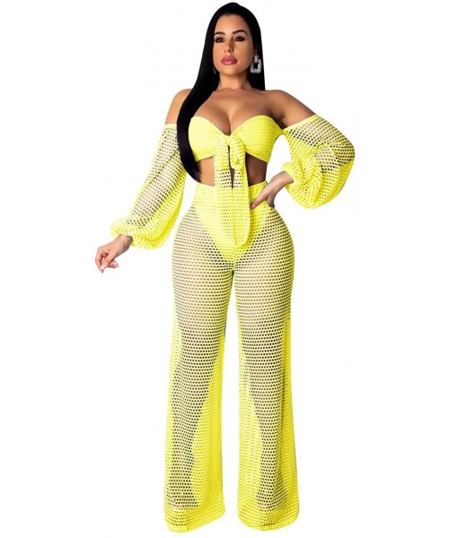 Cover-Ups Womens Mesh Two Piece Crochet Sexy Outfit See Through Swimsuit Cover Up Set - Yellow - CV18Z3927MM