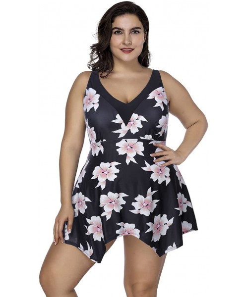 Sets Women's Plus Size Floral Swimdress High Waist Tankini Set V Neck Swimwear - Black - C118DOWS5Q3