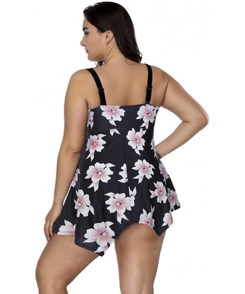 Sets Women's Plus Size Floral Swimdress High Waist Tankini Set V Neck Swimwear - Black - C118DOWS5Q3