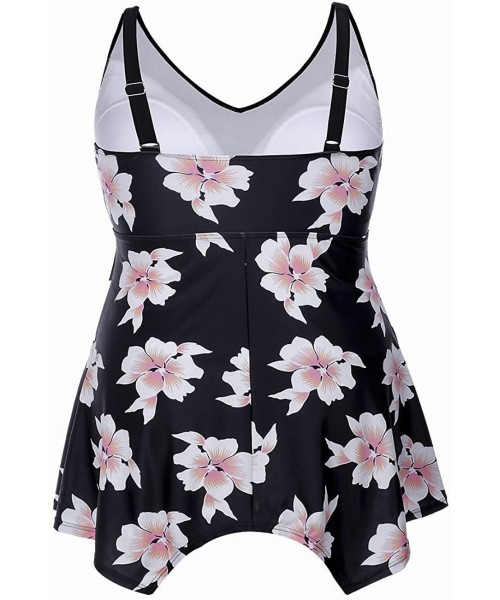 Sets Women's Plus Size Floral Swimdress High Waist Tankini Set V Neck Swimwear - Black - C118DOWS5Q3