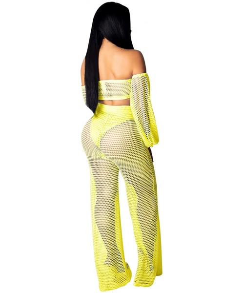 Cover-Ups Womens Mesh Two Piece Crochet Sexy Outfit See Through Swimsuit Cover Up Set - Yellow - CV18Z3927MM