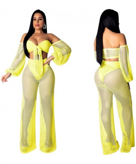 Cover-Ups Womens Mesh Two Piece Crochet Sexy Outfit See Through Swimsuit Cover Up Set - Yellow - CV18Z3927MM