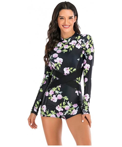 One-Pieces Womens Long Sleeve Floral Swimwear Swimsuits Sexy One Piece Long Sleeve Bathing Suits Surfing Bathing Suits Black ...