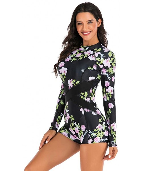 One-Pieces Womens Long Sleeve Floral Swimwear Swimsuits Sexy One Piece Long Sleeve Bathing Suits Surfing Bathing Suits Black ...