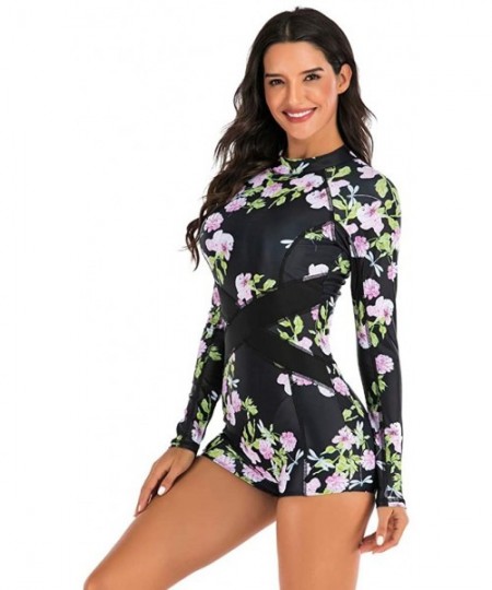 One-Pieces Womens Long Sleeve Floral Swimwear Swimsuits Sexy One Piece Long Sleeve Bathing Suits Surfing Bathing Suits Black ...