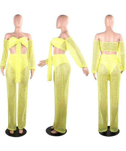 Cover-Ups Womens Mesh Two Piece Crochet Sexy Outfit See Through Swimsuit Cover Up Set - Yellow - CV18Z3927MM